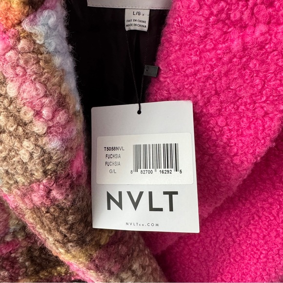 NVLT Boucle Anthropologie Pink Colorblock Teddy Longline Plaid Coat Large - Picture 8 of 14